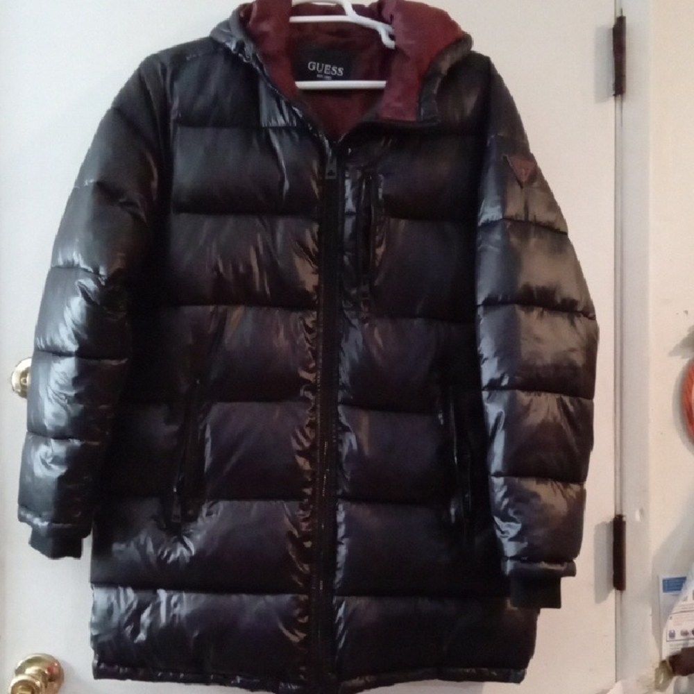 GUESS Black Puffer Coat with Deep Red Interior